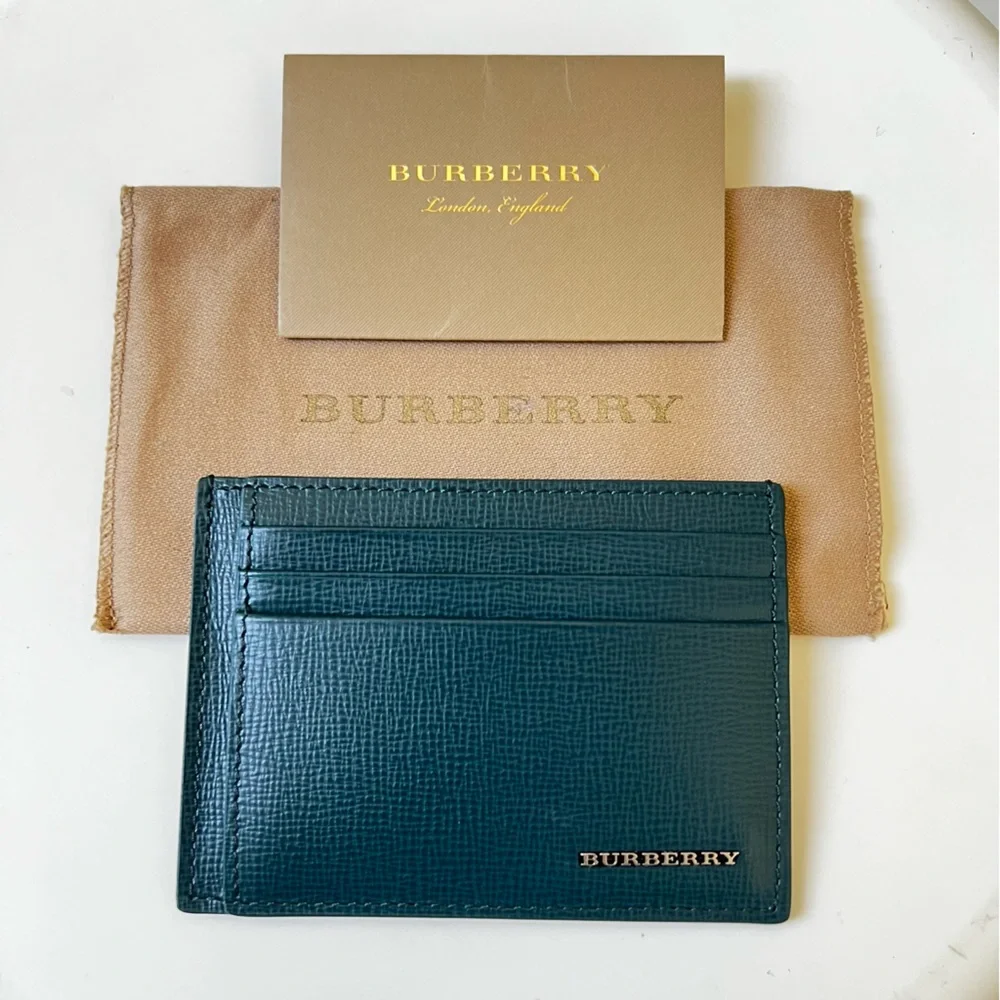 BURBERRY London Leather Card Case Wallet in Dark Teal, NEW